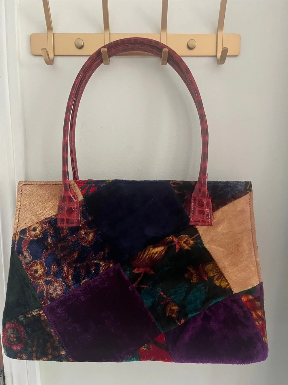 Julie Feldman Patchwork Velvet Tote with Crocodile Red Handles
